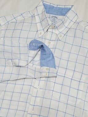 Brooks Brothers Linen Long Sleeve Button Down Shirt White Blue Grid Mens Medium
